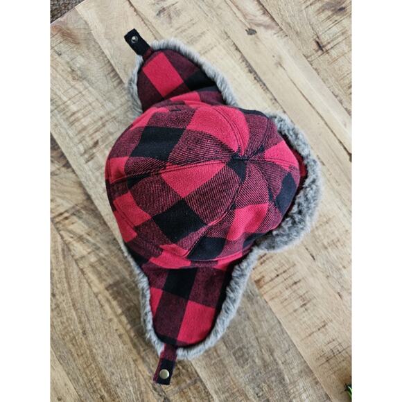 EDDIE BAUER Wool Blend Hadlock Trapper Hat~ Red Checkered / Faux Fur~Size S/M - Picture 4 of 9
